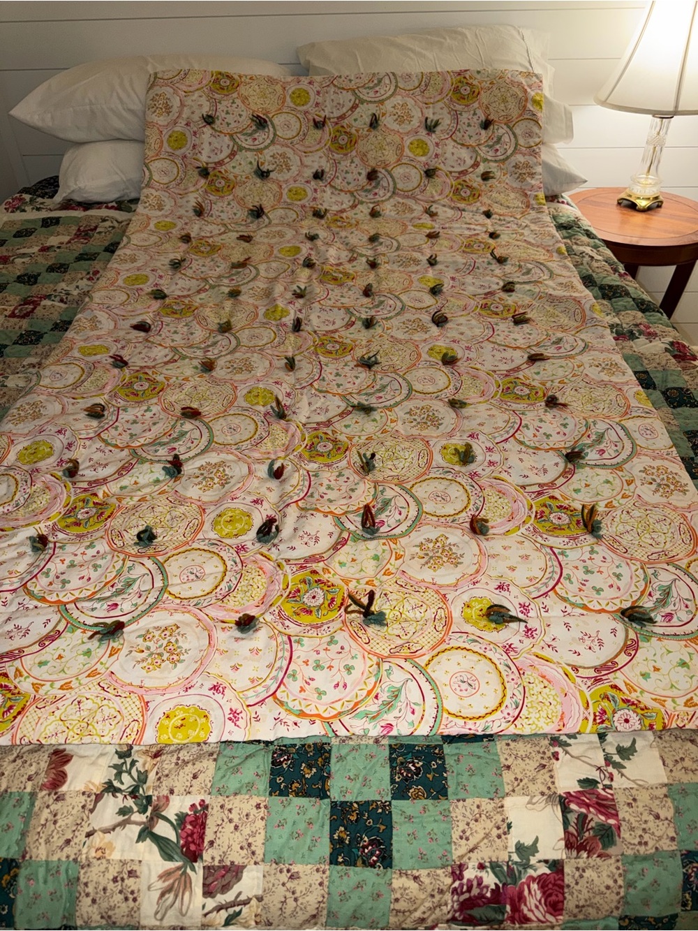 Cottagecore vintage Child’s Quilt, Teal, Chartreuse, Cream & Pink. 68x38 1950’s